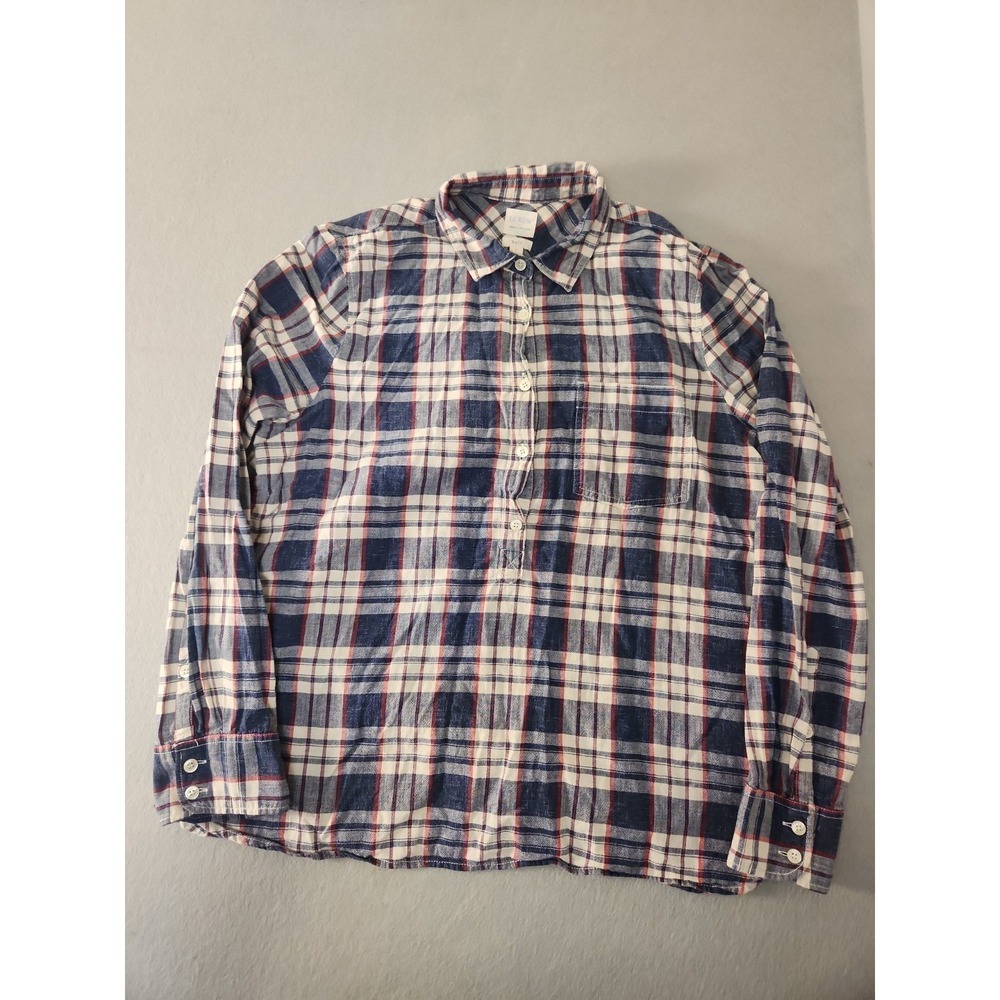 J Crew Shirt Womens Large Blue Red Plaid Boy Fit Half Button Up Ladies